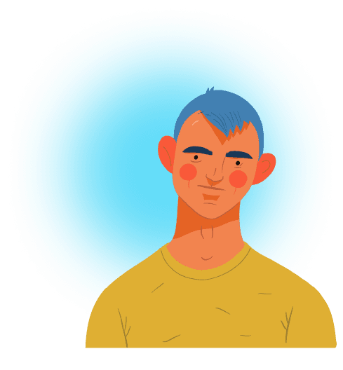 White man with short blue hair and a yellow shirt