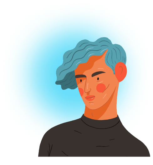 White man with blue hair and a black turtleneck