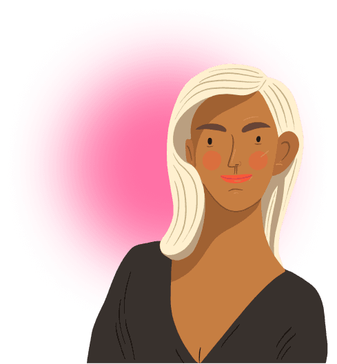 Dark-skinned woman with blonde hair and a black v-neck shirt