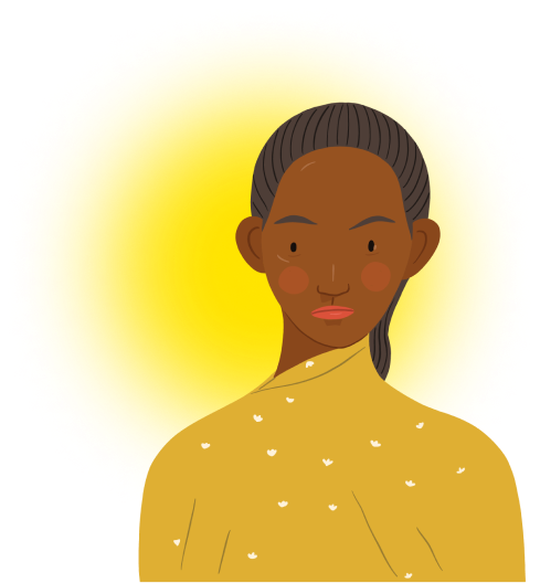 Black woman with black hair and a yellow shirt with white birds on it