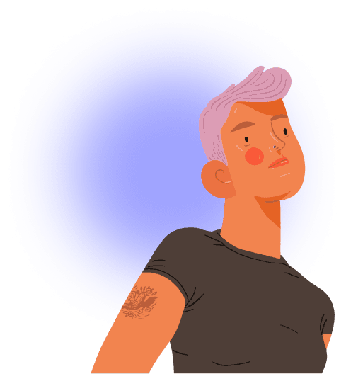 White woman with pink hair, a black t-shirt, and a tattoo of a bird on her right arm